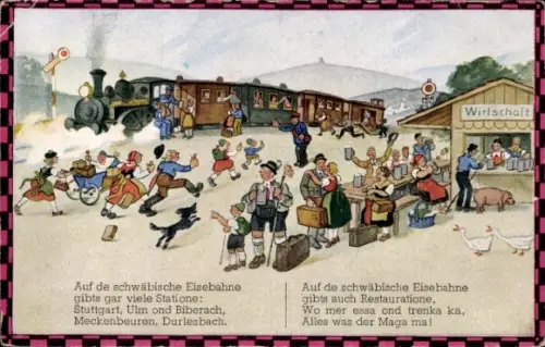 Lied Künstler Ak Boettcher, Hans, Auf de Schwäbsche Eisebahne, Bahnhof