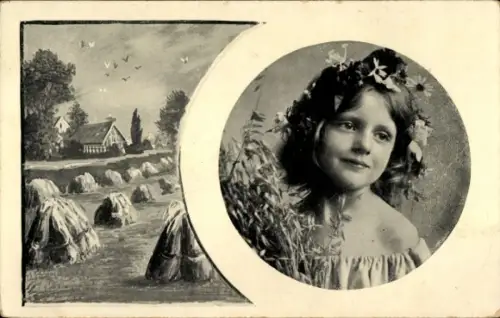 Passepartout Ak Kinderportrait, Mädchen mit Blumen im Haar, Erntemotiv