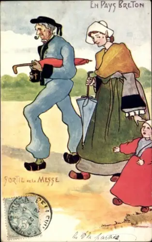 Künstler Ak En Pays Breton, Sortie de la Messe