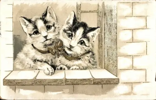 Präge Litho Zwei  Katzen am Fenster, Schleife