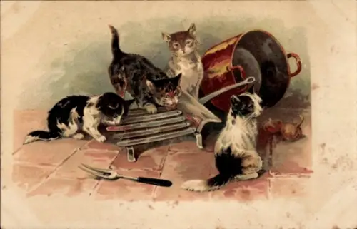 Künstler Ak Vier junge Katzen spielen mit Kochutensilien