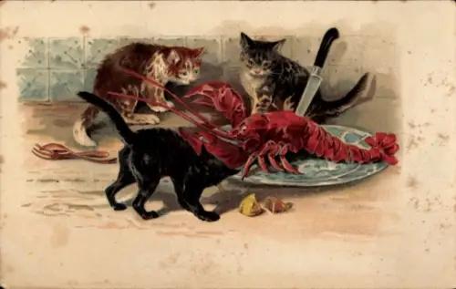 Künstler Ak Katzen umkreisen Hummer auf dem Teller