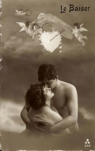 Ak Liebespaar, Kuss, Liebesengel, Herz