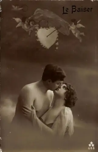Ak Liebespaar, Kuss, Liebesengel, Herz