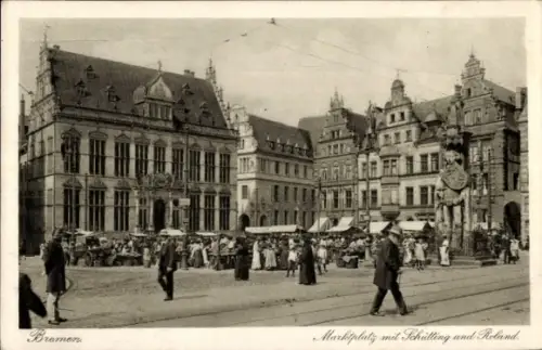 Ak Schnoor Bremen, Marktplatz, Schütting, Roland,  Menschen, Marktstände