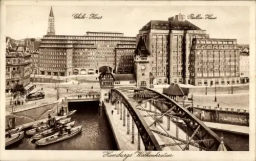 Ak Hamburg Mitte Altstadt, Chile-Haus, Ballen-Haus, Hamburgs Wolkenkraiser, Hafenansicht, Schiffe