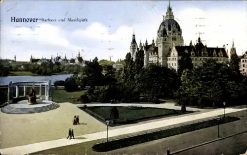 Ak Hannover,  Rathaus, Maschpark, Statue, Parklandschaft