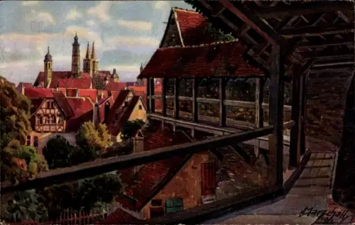 Ak Rothenburg ob der Tauber Mittelfranken,  Blick vom Wehrgang, Rathaus, Jakobskirche