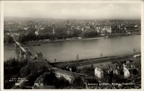 Ak Asterstein Koblenz am Rhein, Panoramablick auf  Rhein, Asterstein, Schwarz-Weiß-Foto