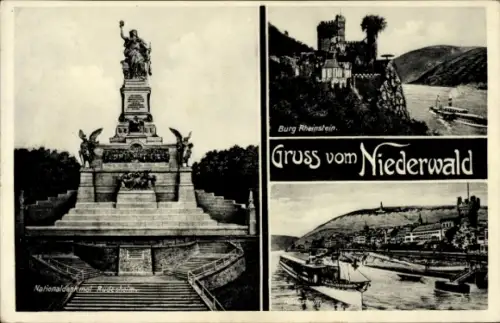 Ak Rüdesheim am Rhein, Nationaldenkmal  Burg Rheinstein, Schiffe auf dem Rhein