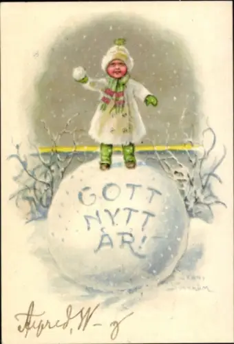 Künstler Ak Nyström, Jenny, Neujahr, Mädchen auf einem Schneeball