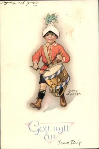 Künstler Ak Nyström, Jenny, Glückwunsch Neujahr, Junge mit Trommel