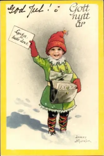 Künstler Ak Nyström, Jenny, Glückwunsch Neujahr, Kind als Briefträger