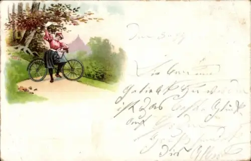 Litho Winkende Frau auf einem Fahrrad