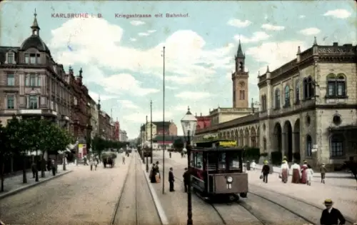 Ak Karlsruhe in Baden, Kriegsstraße, Bahnhof, Straßenbahn, Kirchturm