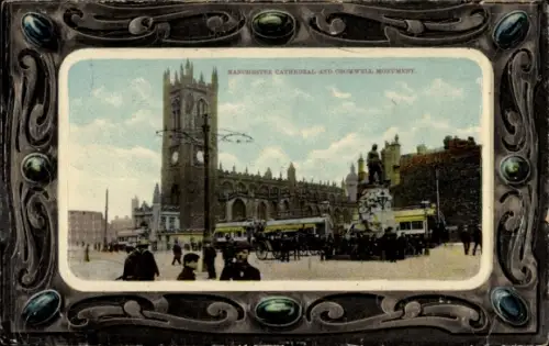 Ak Manchester England, Manchester Cathedral, Cromwell Monument, Straßenbahnen, Menschen