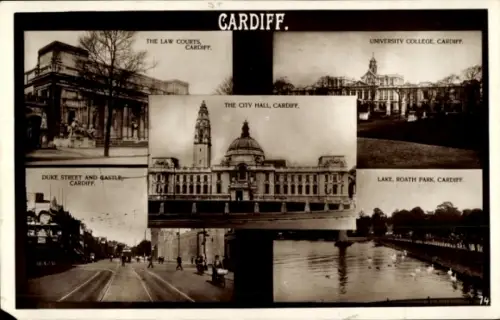 Ak Cardiff Wales, Duke Street und Castle, Law Courts, City Hall, University College, Lake Roath P