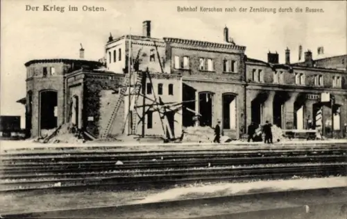 Ak Korsze Korschen Ostpreußen, Bahnhof nach Zerstörung durch die Russen, I. WK