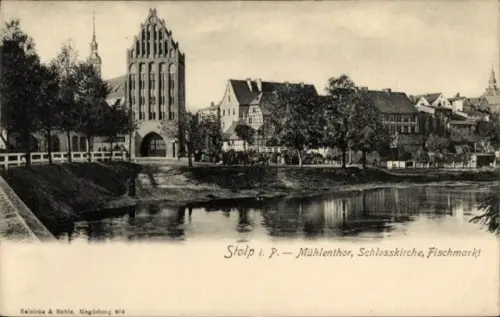 Ak Słupsk Stolp Pommern,  Mühlenthor, Schlosskirche, Fischmarkt, Flussansicht