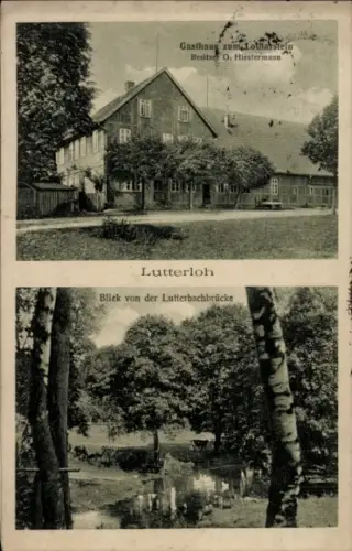 Ak Lutterloh Südheide Lüneburger Heide, Gasthaus zum Lotharstein, Blick von der Lutterbachbrücke,