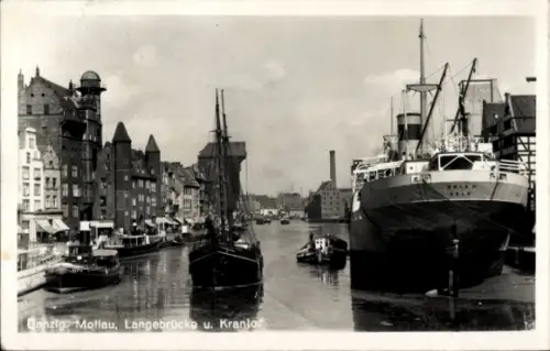 Ak Gdańsk Danzig,  Motlau, Langebrücke, Kran, Schiffe, Hafen