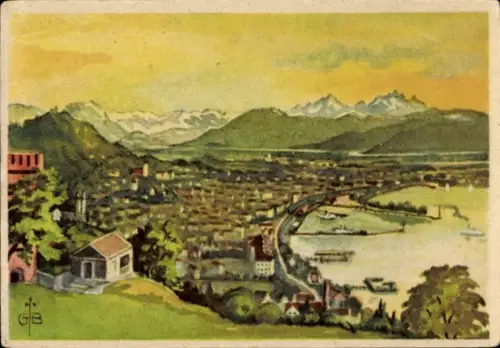 Ak Bregenz am Bodensee Vorarlberg, Blick auf  Rheintal, Berge im Hintergrund, Fluss, Stadtansicht