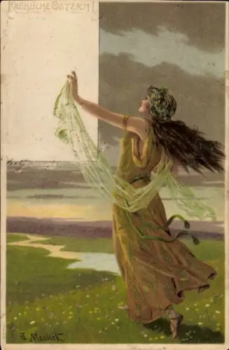 Künstler Ak Mailick, Glückwunsch Ostern, Frau, Blumenwiese