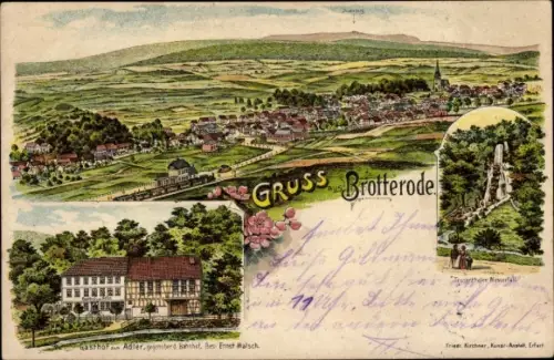 Litho Brotterode in Thüringen, Gasthof zum Adler, Trusetaler Wasserfall, Totalansicht