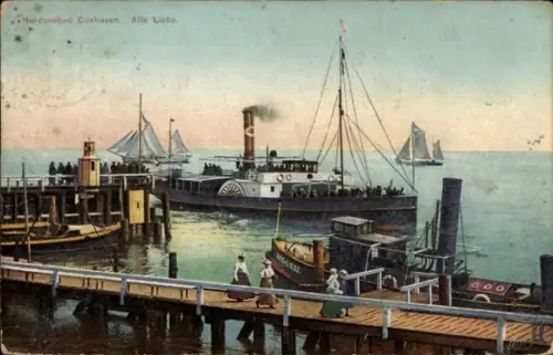 Ak Nordseebad Cuxhaven, Nordseebad  Dampfschiff, Segelboote, Hafenansicht