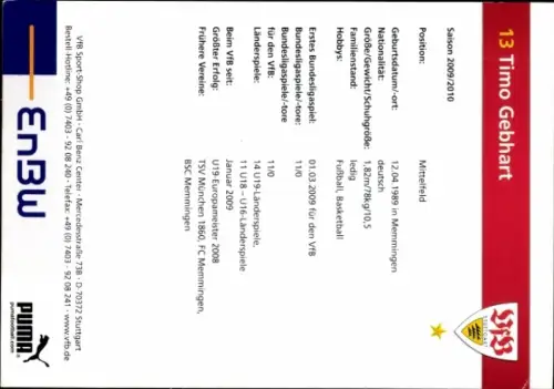 Autogrammkarte Fußballer Timo Gebhardt, VfB Stuttgart, Autogramm