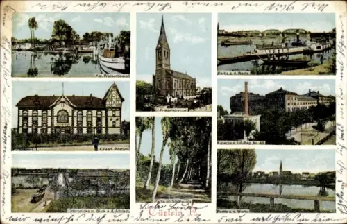 Ak Kostrzyn nad Odrą Cüstrin Ostbrandenburg, Wasserbauhof, Postamt, Oderbrücke, Friedenskirche