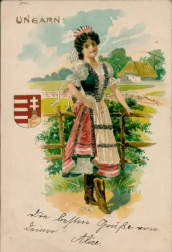 Glitzer Litho Mädchen in ungarischer Tracht