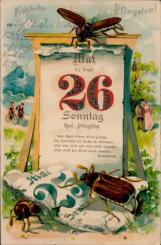 Glitzer Litho Glückwunsch Pfingsten, Maikäfer, Kalender