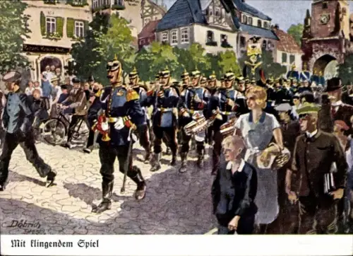 Künstler Ak Döbrich Steglitz, Mit fliegendem Spiel, deutsche Soldaten im Kaiserreich