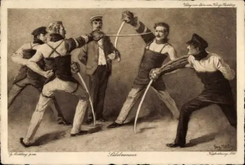 Studentika Künstler Ak Mühlberg, Georg, Säbelmensur, fechtende Studenten