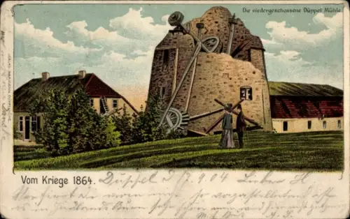 Litho Dybbøl Düppel Dänemark, Niedergeschossene Mühle, Krieg 1864