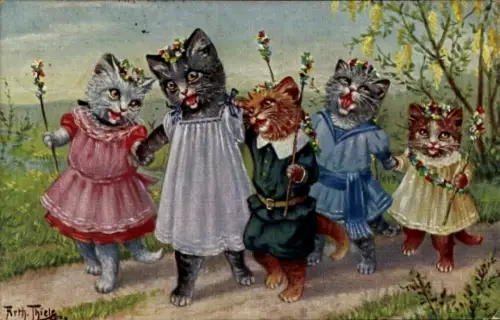 Künstler Ak Thiele, Arthur, Vermenschlichte Katzenkinder mit Blumenkränzen