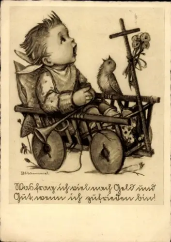 Künstler Ak Hummel, B., Kind, Vogel, Kreuz