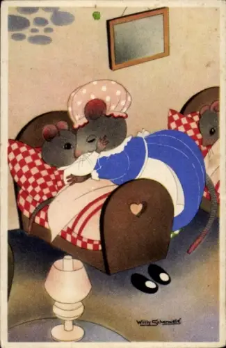 Künstler Ak Schermele, W., Vermenschlichte Mäuse, Gute-Nacht-Kuss