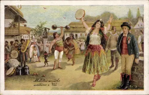 Künstler Ak Verschiedene Zirkusdarsteller, Zigeunerin, starker Mann, Indianer