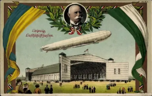 Ak Leipzig, Luftschiffhafen, Zeppelin über der Luftschiffhalle, Graf Zeppelin, BB&OL 8383
