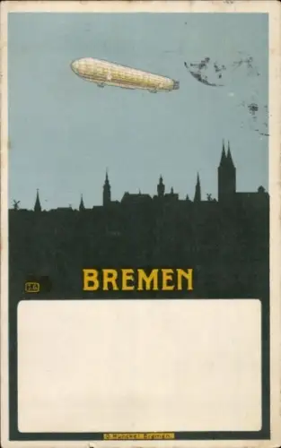 Künstler Ak Hansestadt Bremen, Silhouette der Stadt, Zeppelin Luftschiff