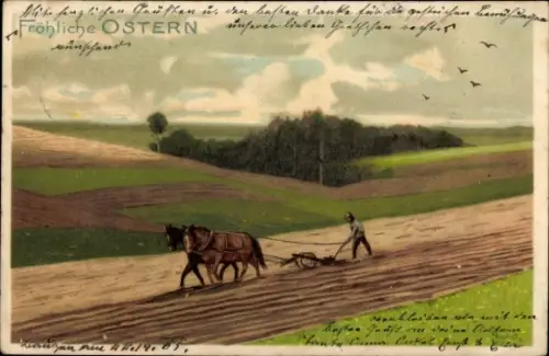 Künstler Ak Fröhliche Ostern, Bauer pflügt mit Pferden