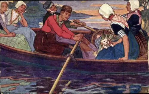 Künstler Ak Bootsfahrt, Passagiere in Tracht