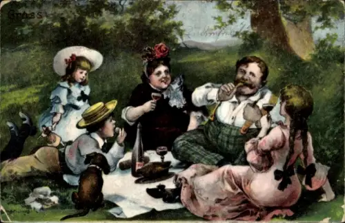 Künstler Ak Picknick im Grünen, Familie