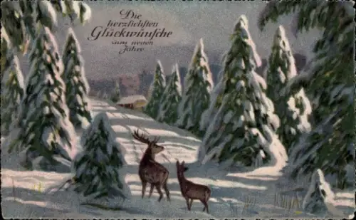 Künstler Ak Herzliche Glückwünsche zum neuen Jahre, Hirsche in Winterlandschaft
