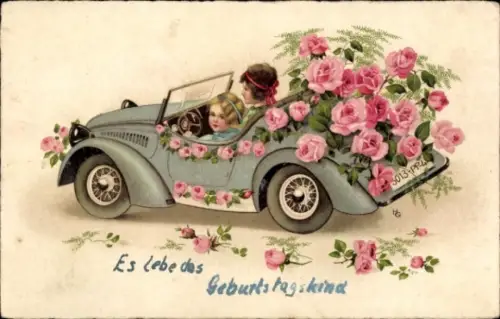 Ak Glückwunsch zum Geburtstag, zwei Mädchen im offenen Automobil, Rosen