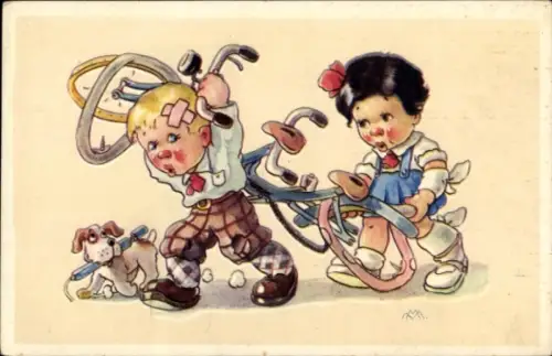 Künstler Ak Zwei Kinder mit einem kaputten Fahrrad, Hund