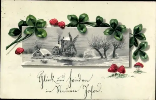 Ak Fröhliches Neujahr, Winterlandschaft mit Windmühle, Kleeblätter, Fliegenpilze