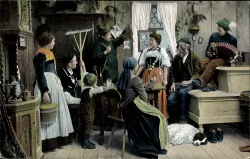 Künstler Ak Familie um Jäger gruppiert